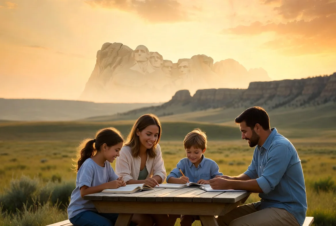 South Dakota families studying together with Mount Rushmore in background