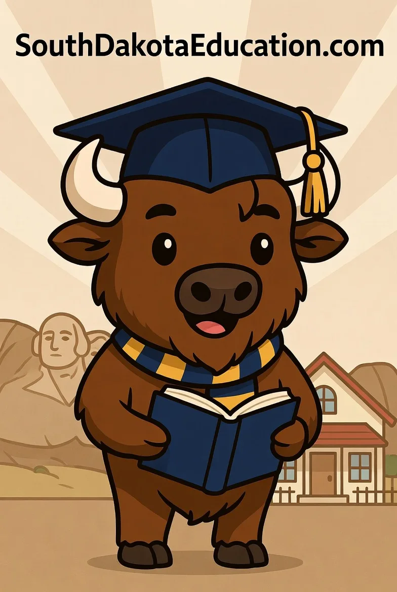 South Dakota education icons — graduation, rural learning, teacher, digital resources, growth, school bus
